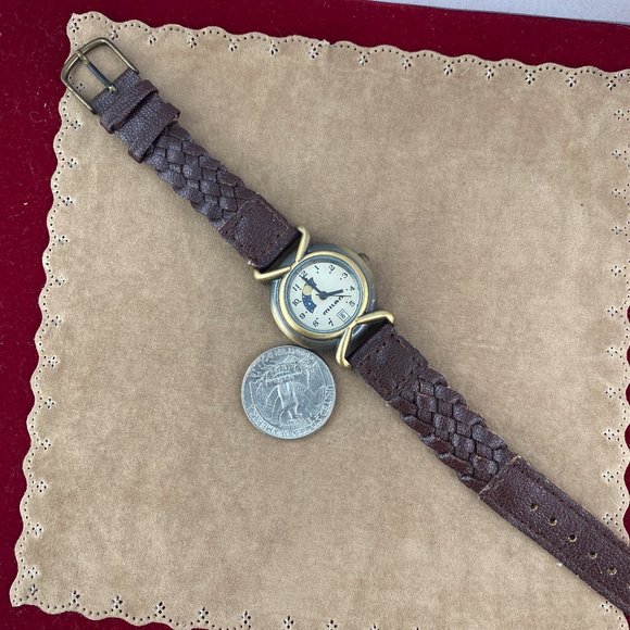 Vintage Milan Moon Phase Quartz Watch Antique Gold Finish Brown Braided Strap - Picture 8 of 8